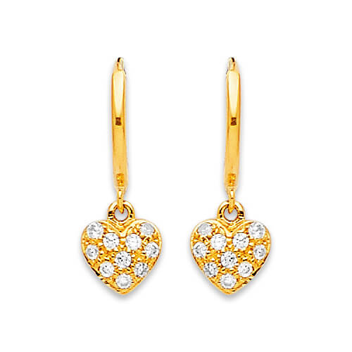 Heart Drop Earrings with White CZ in 14K Gold
