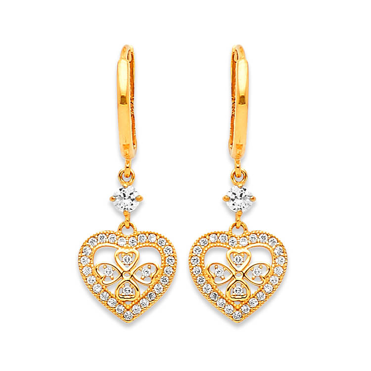 Heart Drop Earrings with White CZ in 14K Gold