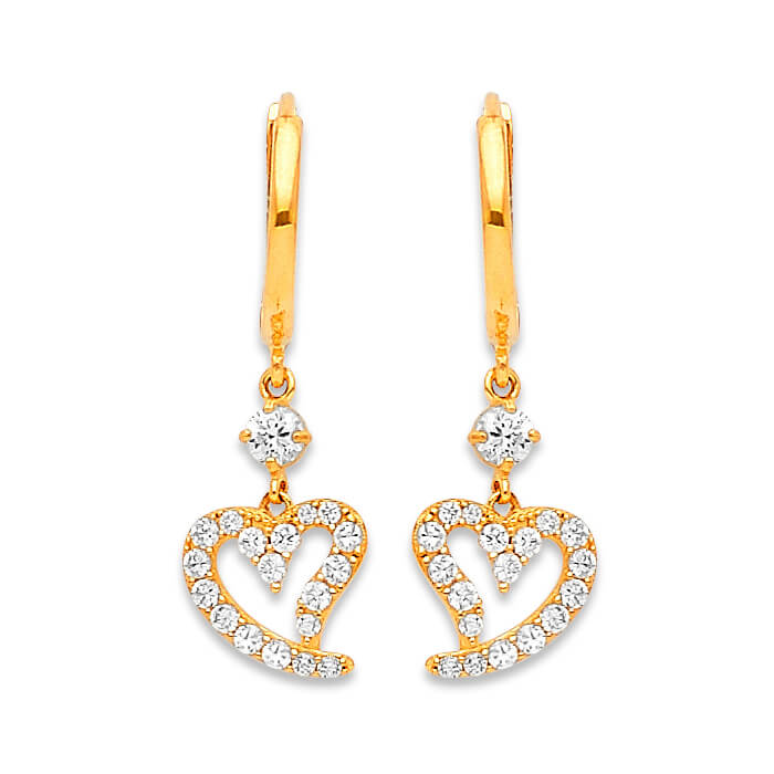 Heart Drop Earrings with White CZ in 14K Gold