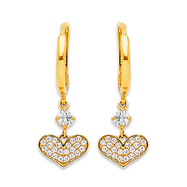 Heart Drop Earrings with White CZ in 14K Gold