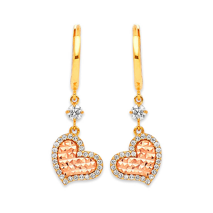Heart Drop Earrings with White CZ in 14K Two-Tone Gold