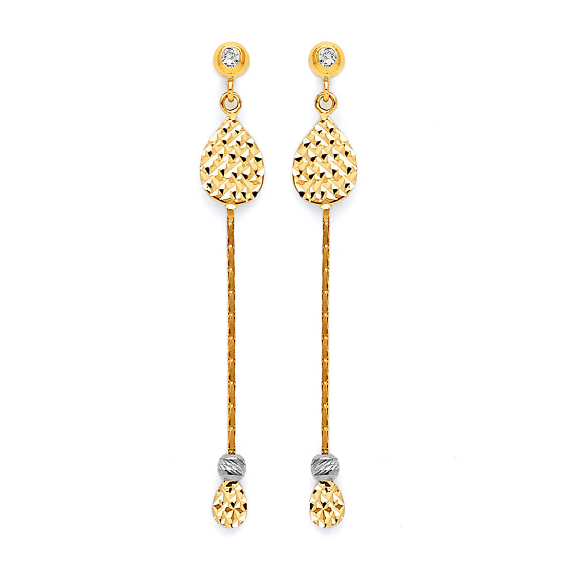 Drop Earrings with White CZ in 14K Two-Tone Gold and Butterfly Backing