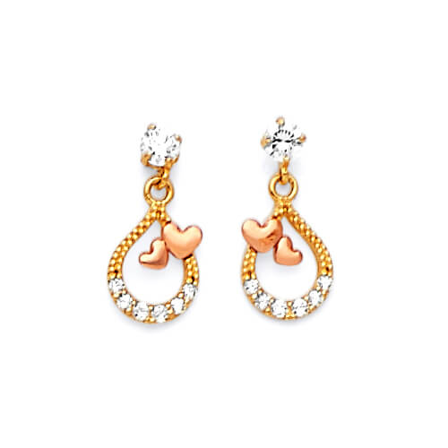 Heart Drop Earrings with White CZ in 14K Two-Tone Gold and Butterfly Backing