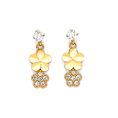 Flower Drop Earrings with White CZ in 14K Gold and Butterfly Backing