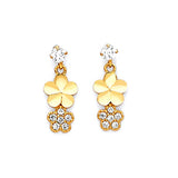 Flower Drop Earrings with White CZ in 14K Gold and Butterfly Backing