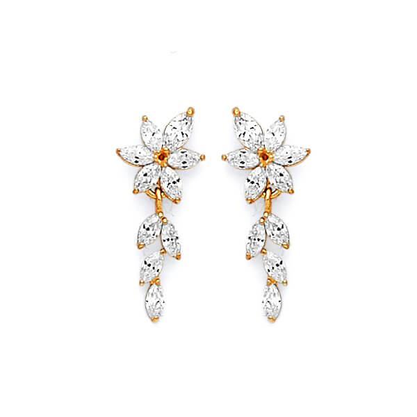 Flower Drop Earrings with White CZ in 14K Gold and Butterfly Backing