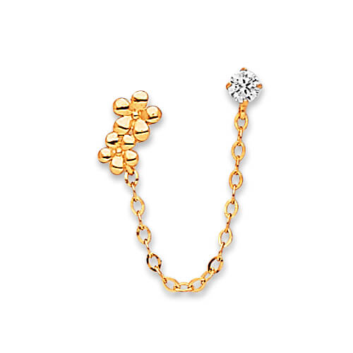 Flower Dangling Earrings with White CZ in 14K Gold and Butterfly Backing