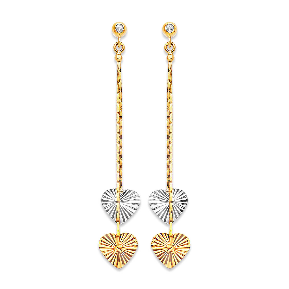 Heart Tassel Earrings with White CZ in 14K Tri-Color Gold and Butterfly Backing