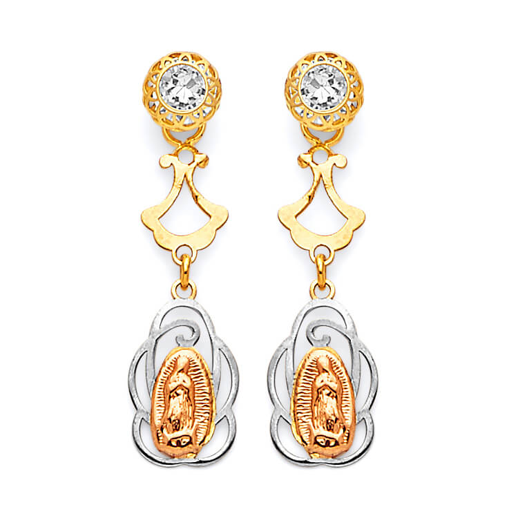 Guadalupe Drop Earrings with White CZ in 14K Tri-Color Gold and Butterfly Backing