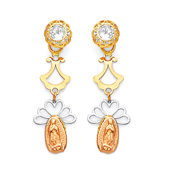 Guadalupe Drop Earrings with White CZ in 14K Tri-Color Gold and Butterfly Backing