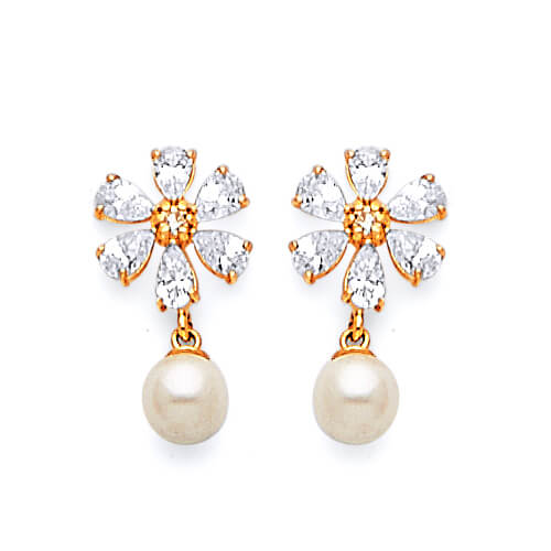 Flower Dangling Earrings with White CZ and Pearl in 14K Gold and Butterfly Backing