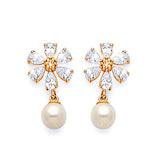 Flower Dangling Earrings with White CZ and Pearl in 14K Gold and Butterfly Backing