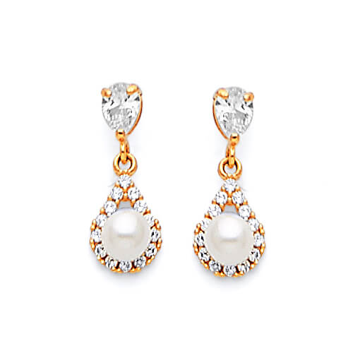 Dangling Earrings with White CZ and Pearl in 14K Gold and Butterfly Backing