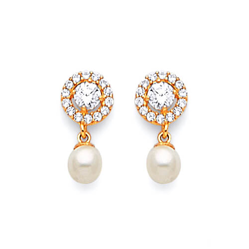 Dangling Earrings with White CZ and Pearl in 14K Gold and Butterfly Backing