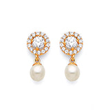 Dangling Earrings with White CZ and Pearl in 14K Gold and Butterfly Backing