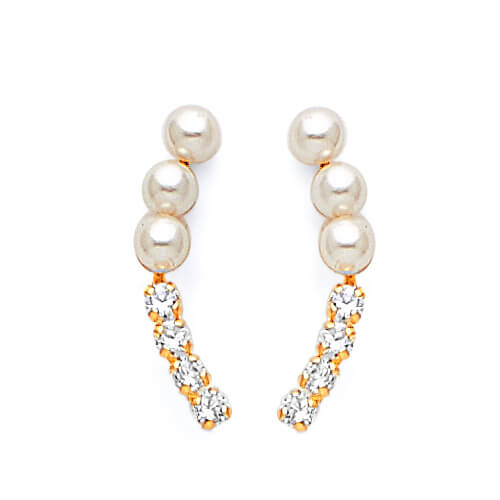 Crawler Earrings with White CZ and Pearl in 14K Gold and Butterfly Backing