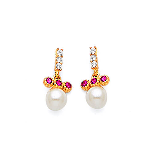 Dangling Earrings with Red & White CZ and Pearl in 14K Gold and Butterfly Backing