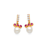 Dangling Earrings with Red & White CZ and Pearl in 14K Gold and Butterfly Backing