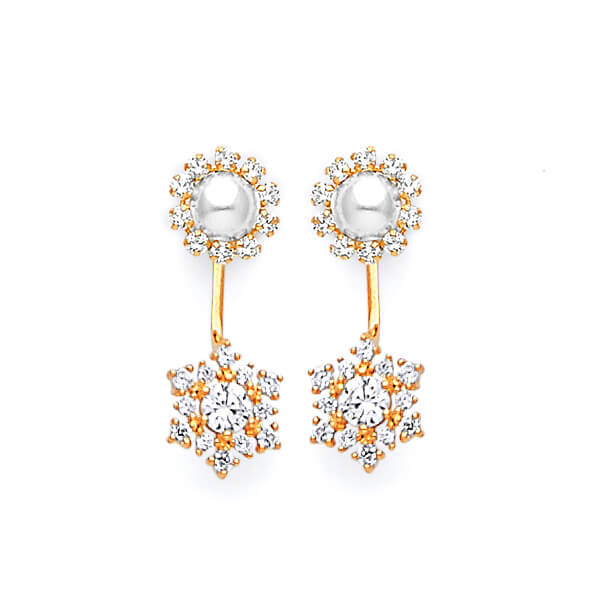 Star Dangling Earrings with White CZ and Pearl in 14K Gold and Butterfly Backing