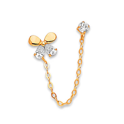 Butterfly Dangling Earrings with White CZ in 14K Gold and Butterfly Backing