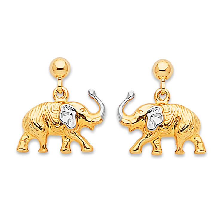 Elephant Dangling Earrings in 14K Two-Tone Gold and Butterfly Backing