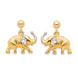 Elephant Dangling Earrings in 14K Two-Tone Gold and Butterfly Backing
