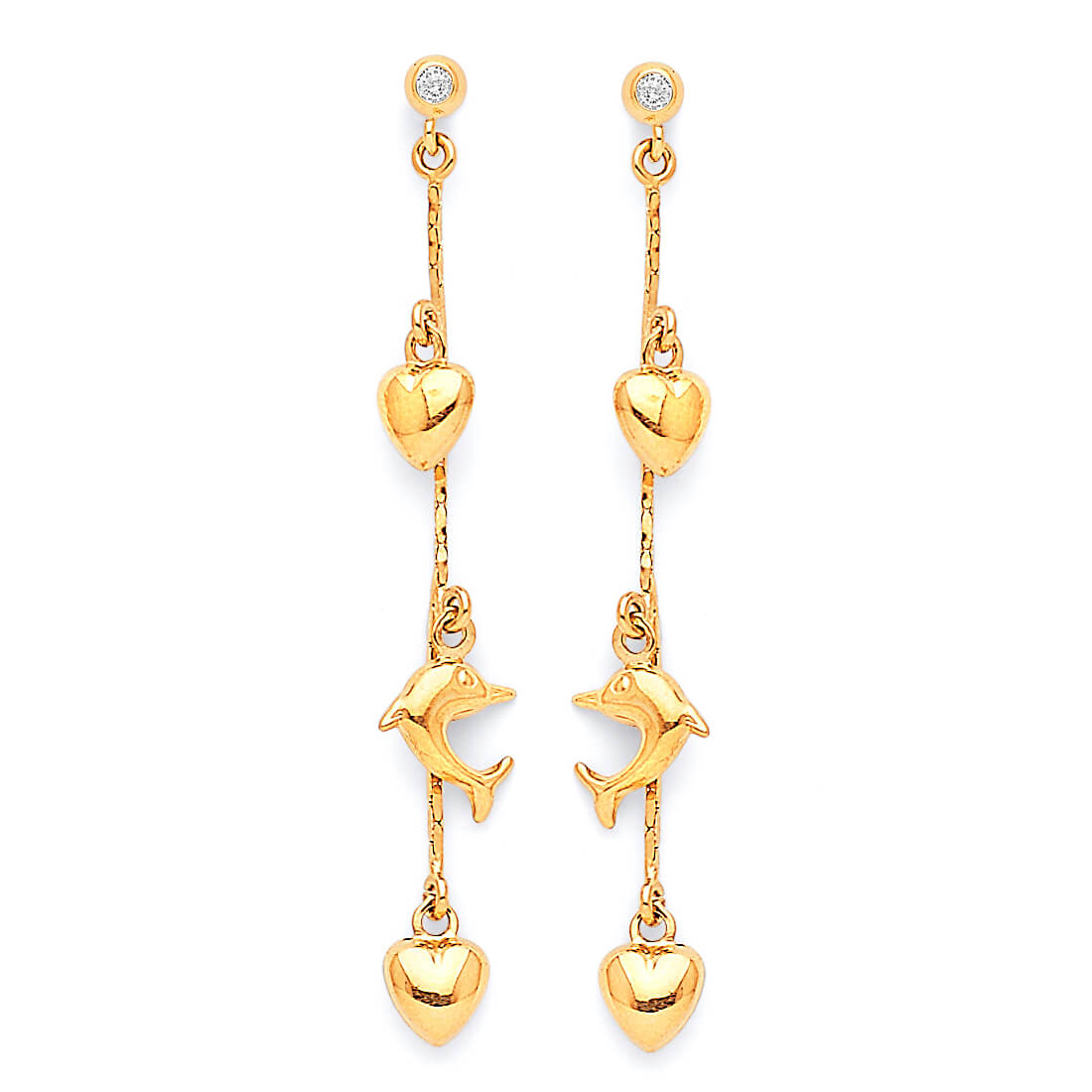 Dolphin Dangling Earrings with White CZ in 14K Gold and Butterfly Backing