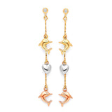 Dolphin Dangling Earrings with White CZ in 14K Tri-Color Gold