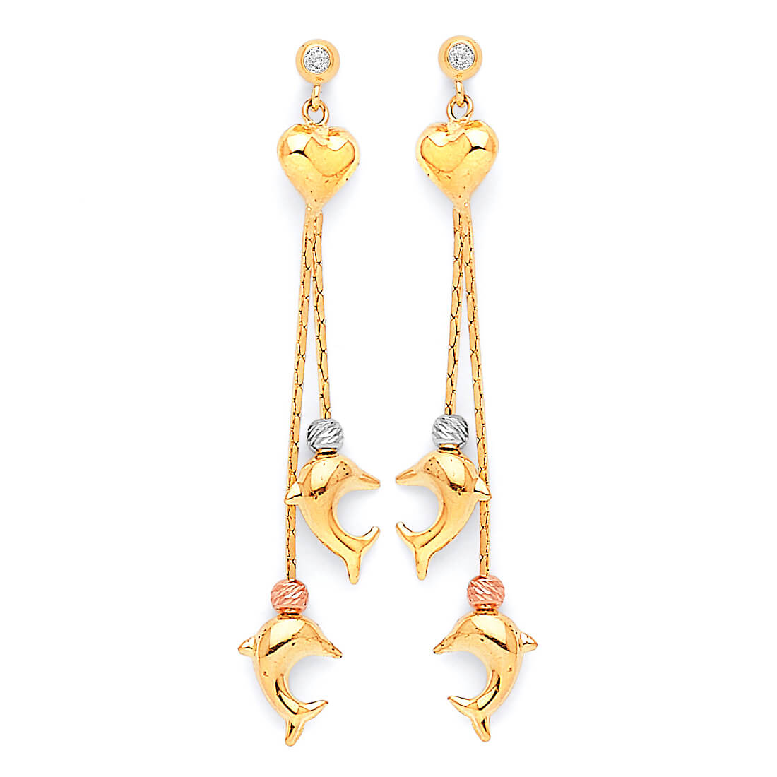 Dolphin Dangling Earrings with White CZ in 14K Tri-Color Gold and Butterfly Backing