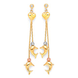 Dolphin Dangling Earrings with White CZ in 14K Tri-Color Gold and Butterfly Backing