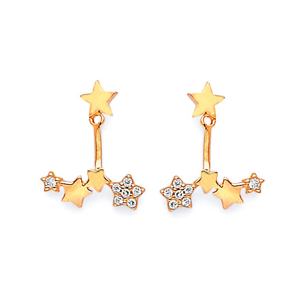 Flower Dangling Earrings with White CZ in 14K Gold and Butterfly Backing