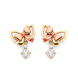Ribbon Dangling Earrings with White CZ in 14K Two-Tone Gold and Butterfly Backing