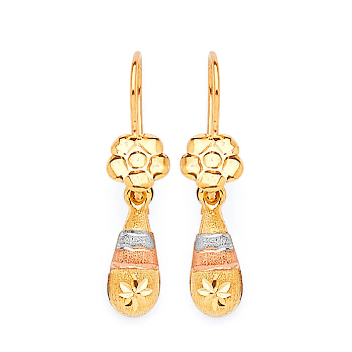 Flower Teardrop Earrings in 14K Tri-Color Gold