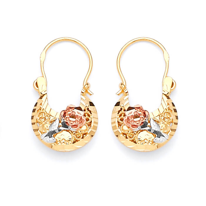 Flower Basket Hoop Earrings in 14K Tri-Color Gold