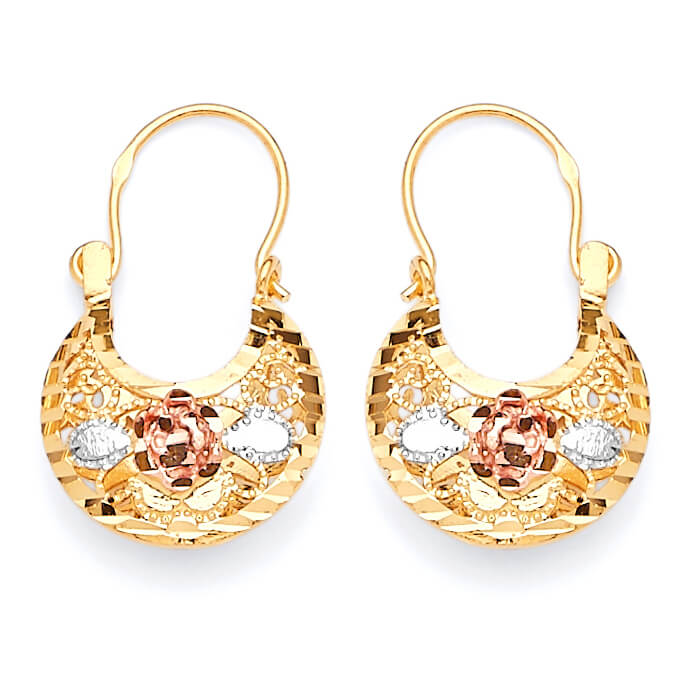 Flower Basket Hoop Earrings in 14K Tri-Color Gold