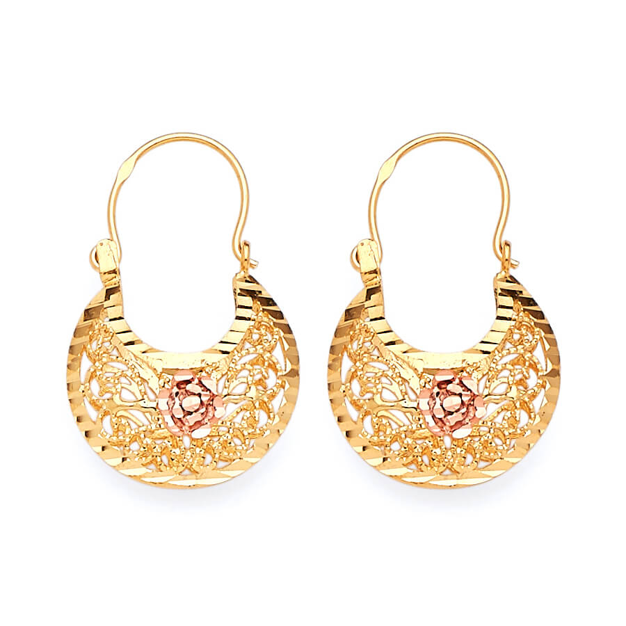 Flower Basket Hoop Earrings in 14K Two-Tone Gold