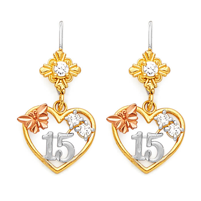 Heart Drop Earrings with White CZ in 14K Tri-Color Gold