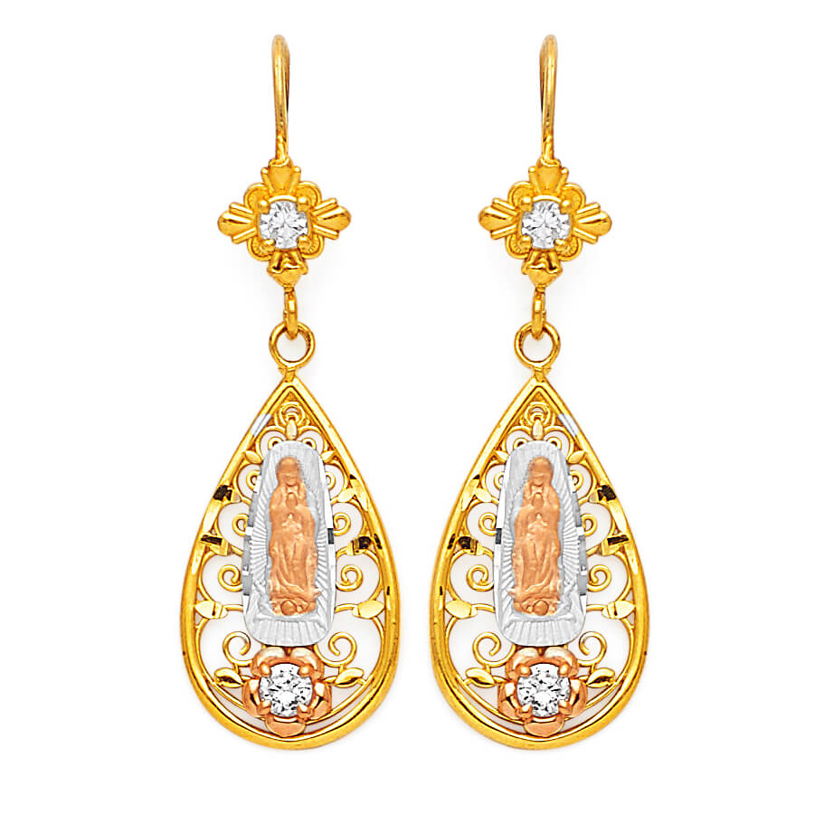 Guadalupe Drop Earrings with White CZ in 14K Tri-Color Gold