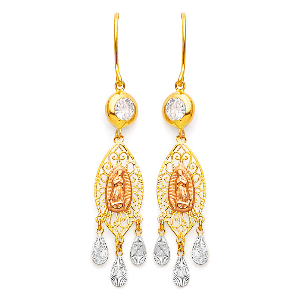 Guadalupe Chandelier Earrings with White CZ in 14K Tri-Color Gold