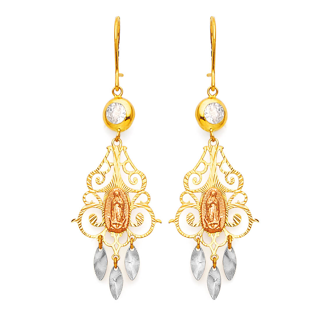 Guadalupe Chandelier Earrings with White CZ in 14K Tri-Color Gold