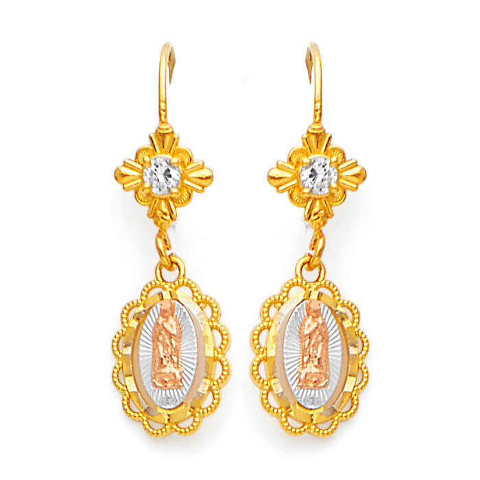 Guadalupe Drop Earrings with White CZ in 14K Tri-Color Gold
