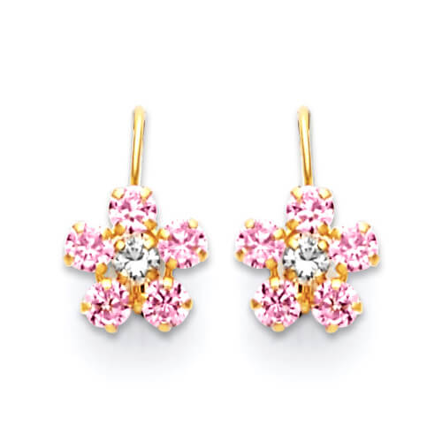 Flower Drop Earrings with Pink & White CZ in 14K Gold