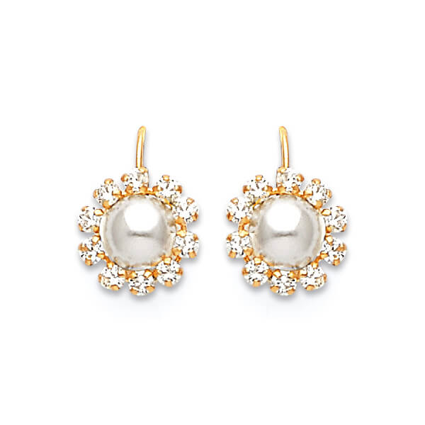 Drop Earrings with White CZ and Pearl in 14K Gold