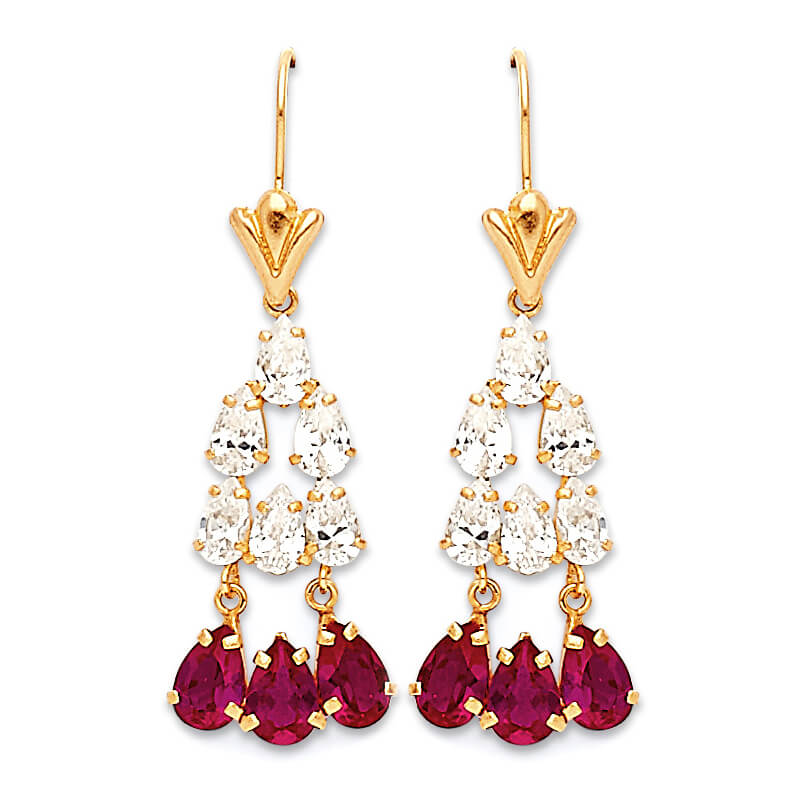 Chandelier Earrings with Red & White CZ in 14K Gold