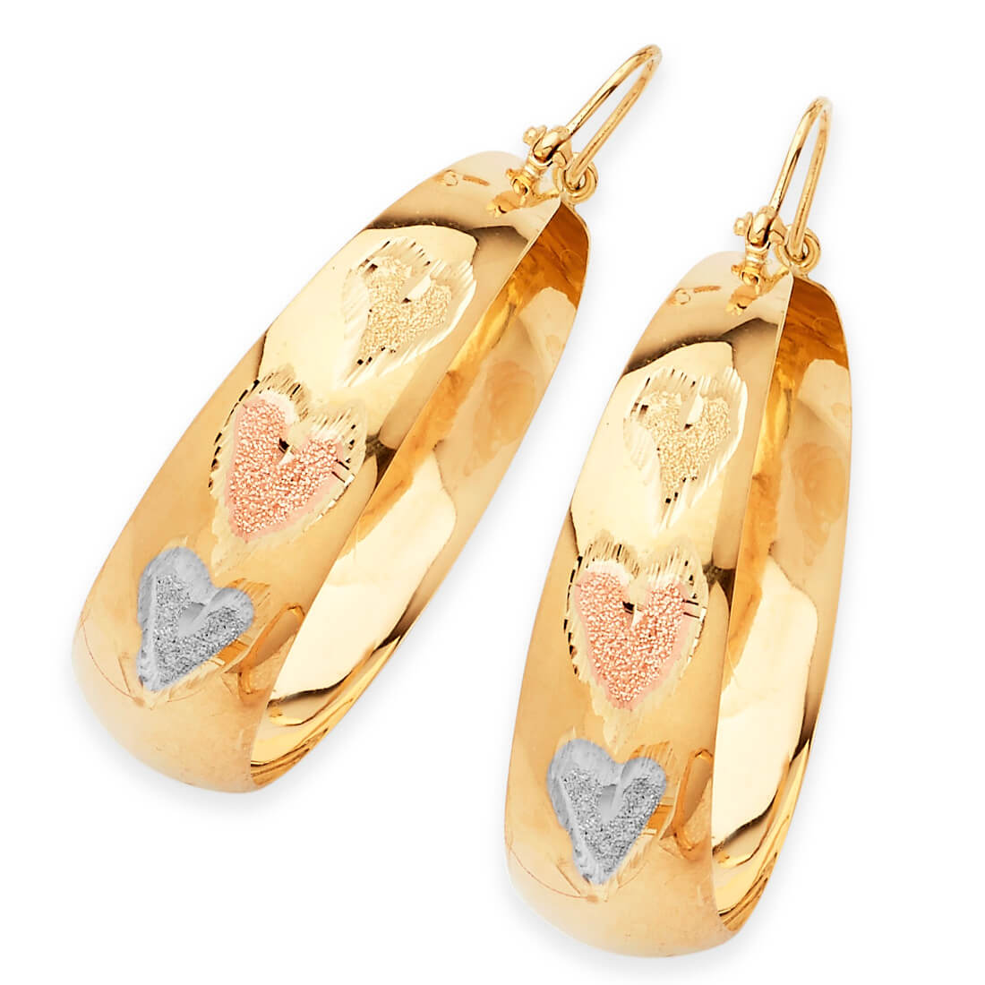 Heart Bangle Hoop Earrings in 14K Tri-Color Gold