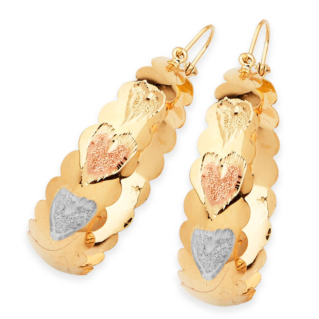 Heart Bangle Hoop Earrings in 14K Tri-Color Gold