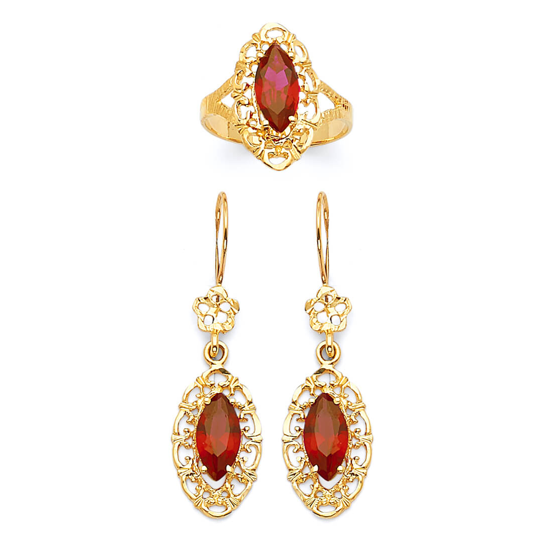 Red CZ Flower Ladies Two-Piece Set in 14K Gold