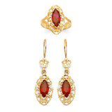 Red CZ Flower Ladies Two-Piece Set in 14K Gold