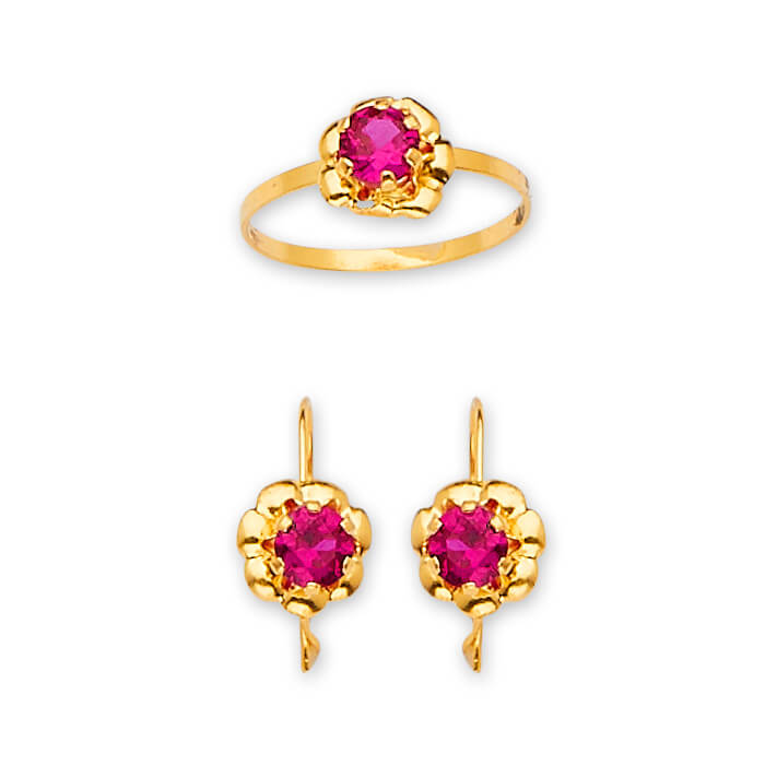 Red CZ Flower Girls Two-Piece Set in 14K Gold