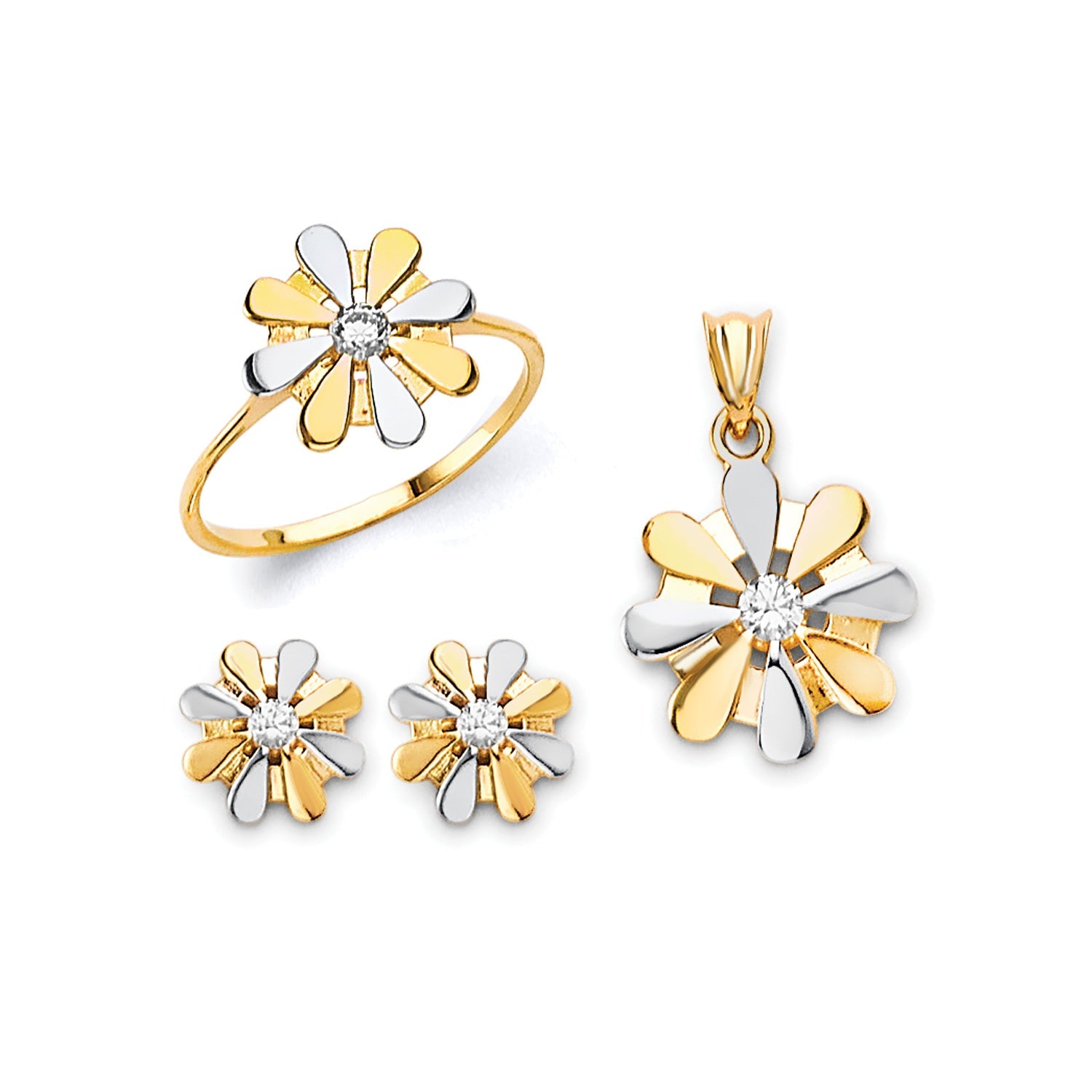 White CZ Flower Ladies Three-Piece Set in 14K Two-Tone Gold